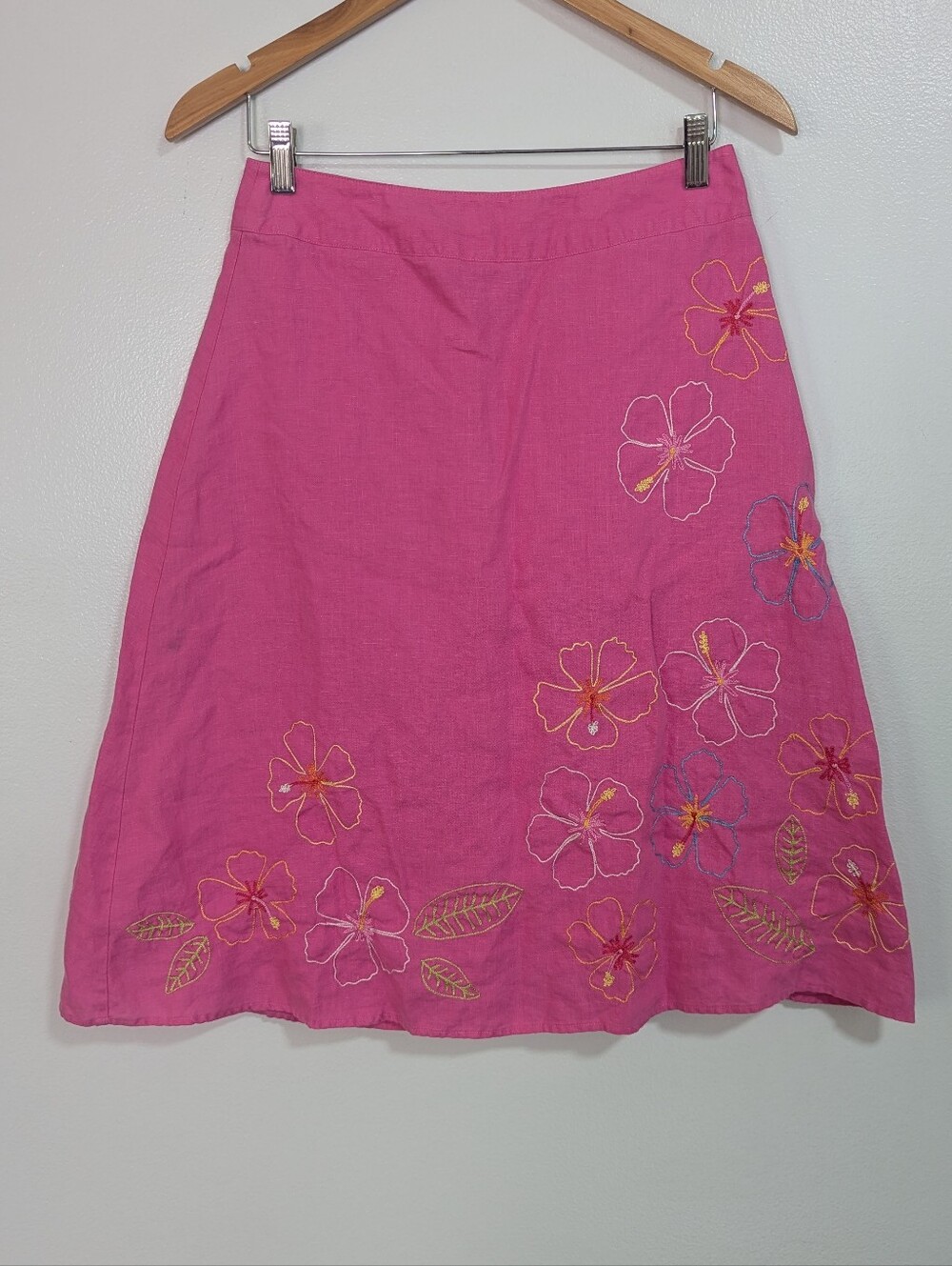 Vintage Y2K Northern Isles Size 4 Pink Linen Embroidered Hibiscus Floral Skirt